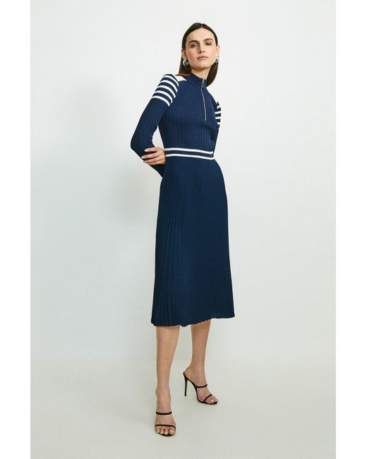 Karen Millen Blue Sporty Stripe Pleat Skirt Knit Dress