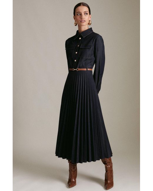 Karen Millen Black Petite Tailored Denim Pleated Maxi Shirt Dress