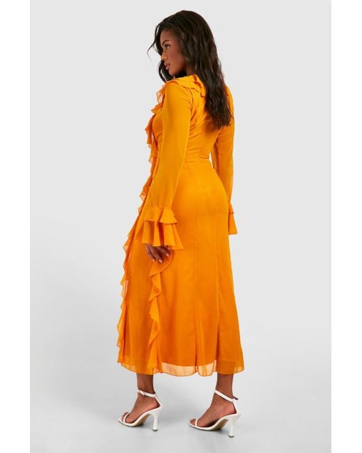 Boohoo Orange Ruffle Detail Midaxi Dress