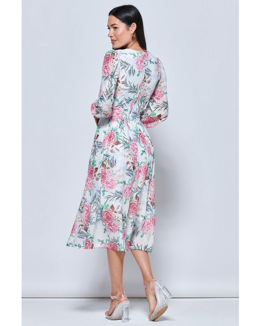Jolie Moi Blue Floral Print Long Sleeve Mesh Midi Dress