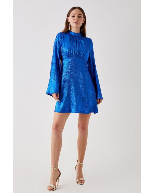 Debut London Blue High Neck Flare Sleeve Mini Dress