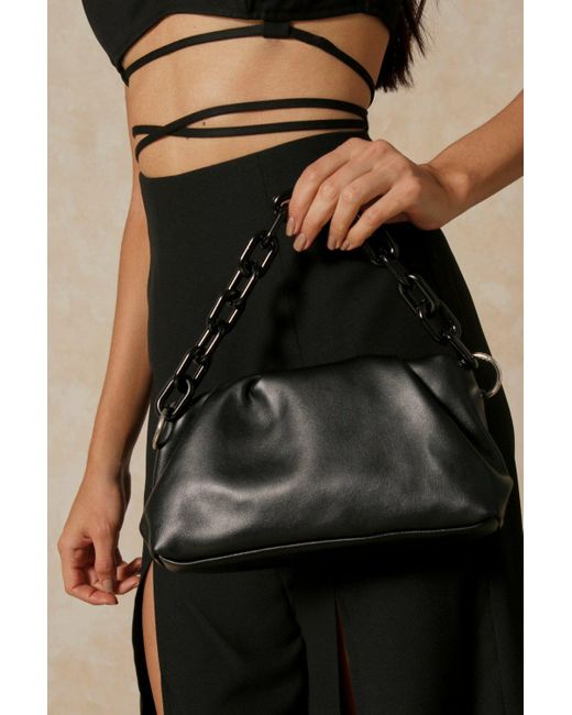 MissPap Black Ruched Chunky Chain Detail Shoulder Bag