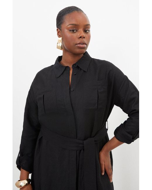 Karen Millen Black Plus Size Viscose Linen Woven Tie Maxi Shirt Dress