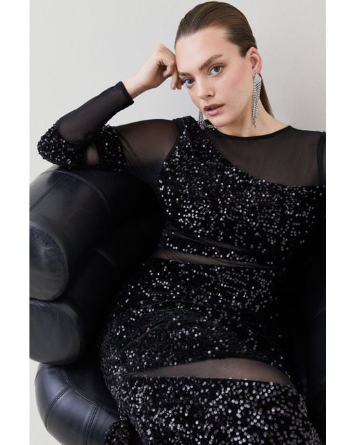 Karen Millen Black Plus Size Sequin Velvet And Mesh Maxi Dress