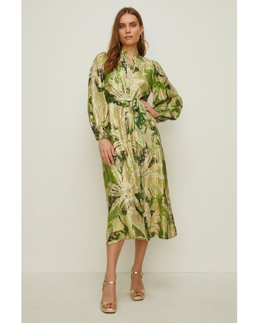 Oasis Green Rachel Stevens Palm Printed Metallic Dress