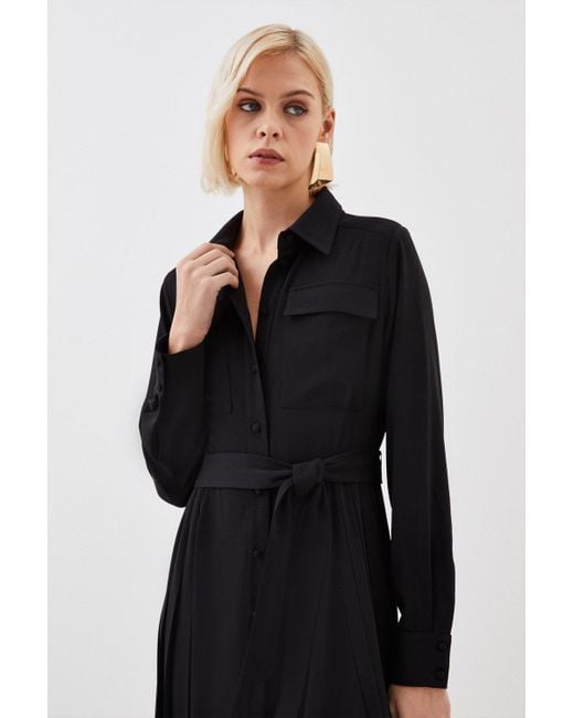 Karen Millen Black Petite Soft Tailored Pleated Pocket Detail Midi Shirt Dress