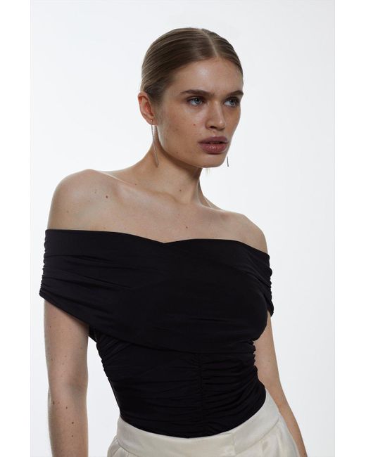 Karen Millen Black Slinky Jersey Ruched Bardot Sleevless Bodysuit