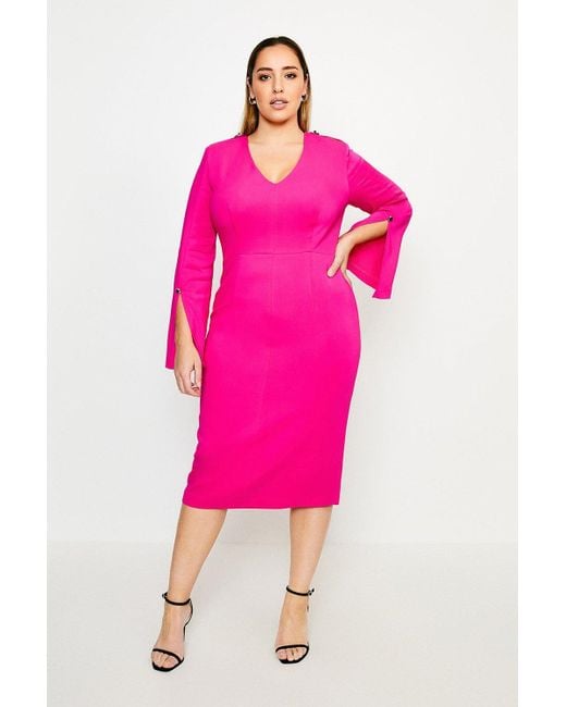 Karen Millen Pink Plus Size Long Sleeve Deep V Neck Pencil Dress