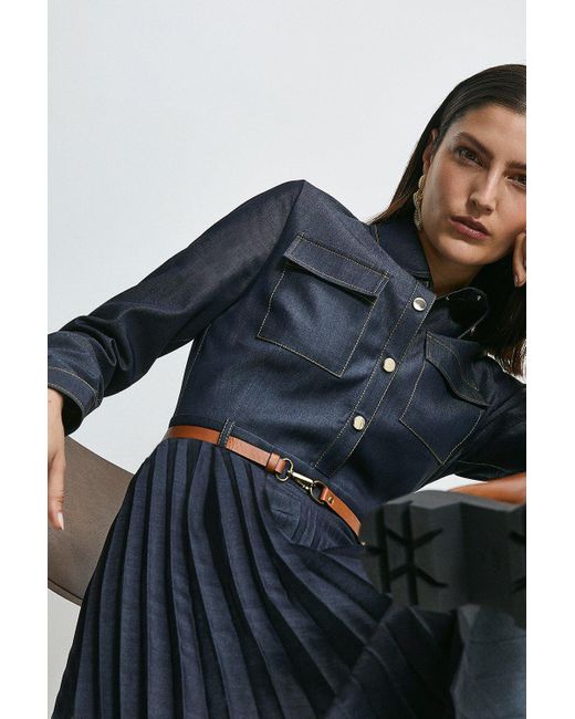 Karen Millen Blue Tailored Denim Pleated Shirt Maxi Dress
