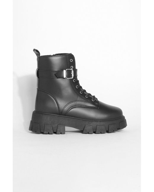 Boohoo Black Chunky Sole Buckle Detail Lace Up Hiker Boots