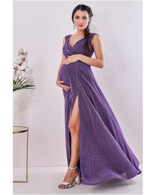 Goddiva Purple Maternity Crossover Lurex Glitter Maxi
