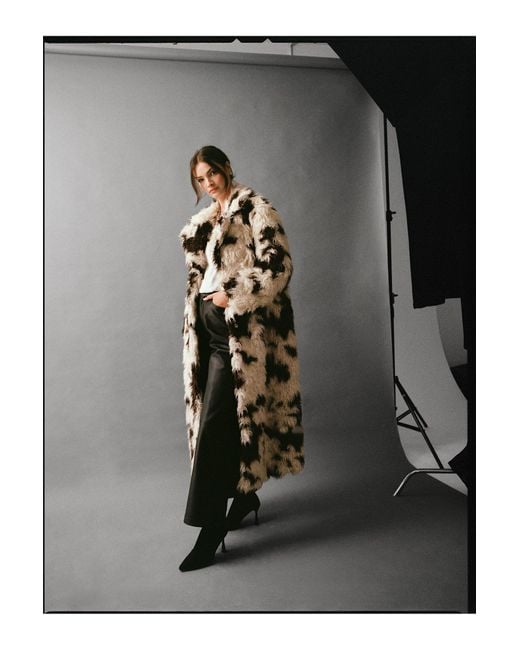 Warehouse Black Premium Curly Animal Print Fur Coat
