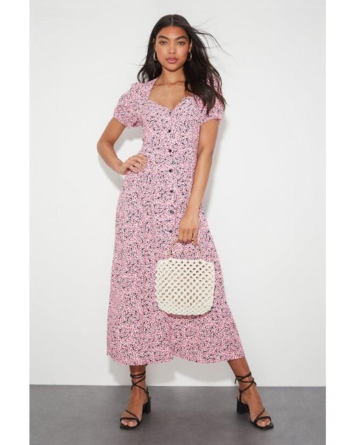 Dorothy Perkins Pink Kitty Ditsy Button Through Fit Flare Midi Dress