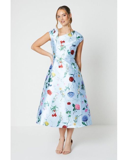 Coast Blue Printed Twill Asymmetric Seam Midi Dress