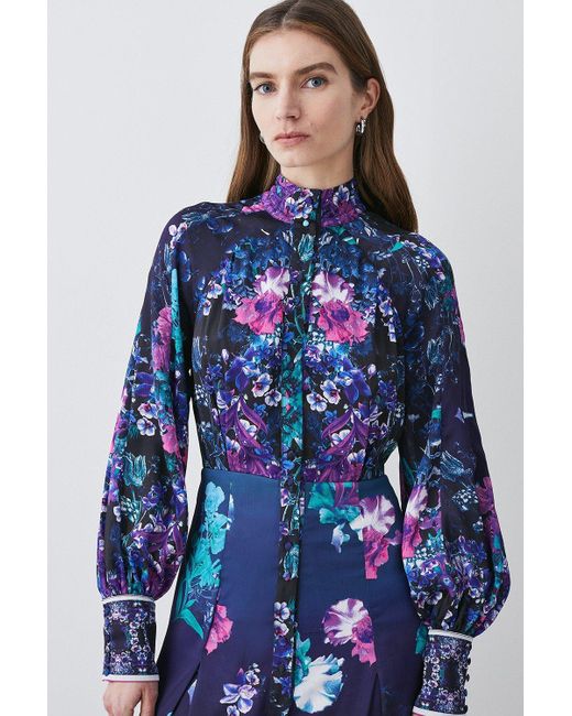 Karen Millen Blue Boarder Floral Print Satin Woven Midi Dress