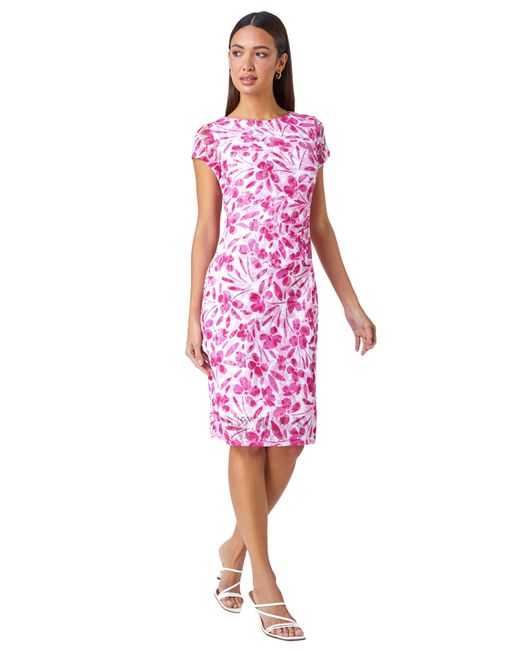 Roman Pink Floral Lace Gathered Stretch Dress