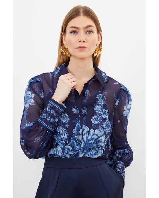 Karen Millen Blue Organdie Floral Placement Print Woven Tie Blouse