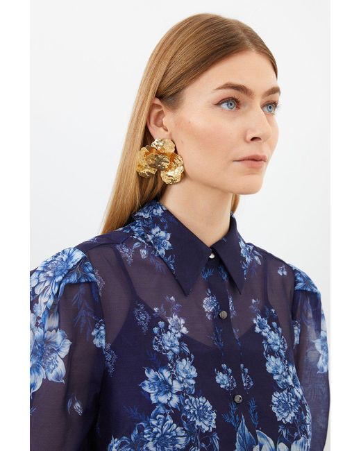 Karen Millen Blue Organdie Floral Placement Print Woven Tie Blouse