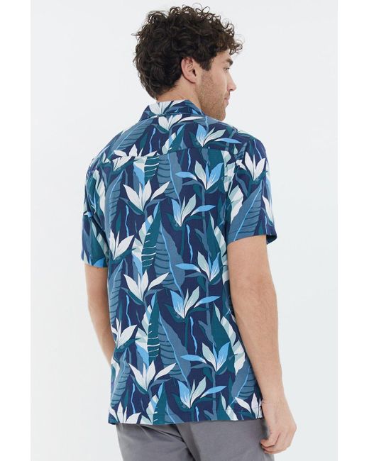 Threadbare Blue 'turner' Short Sleeve Palm Print Revere Collar Shirt for men