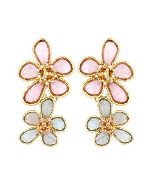 Mood Metallic Gold Pink And Green Crystal Glass Flower Drop Earrings