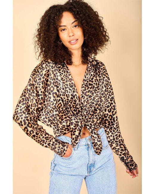 Dancing Leopard Brown Keaton Leopard Print Satin Shirt Soft Button Down Relaxed Fit Top