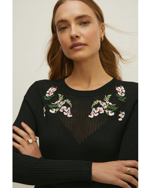 Oasis Black Embroidered Rib Knitted Dress
