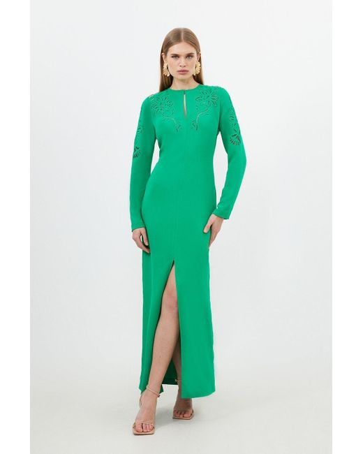 Karen Millen Green Petite Premium Cady Cutwork Woven Long Sleeve Maxi Dress