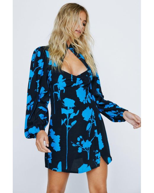 Nasty Gal Blue Shadowed Floral Cutout Long Sleeve Mini Dress
