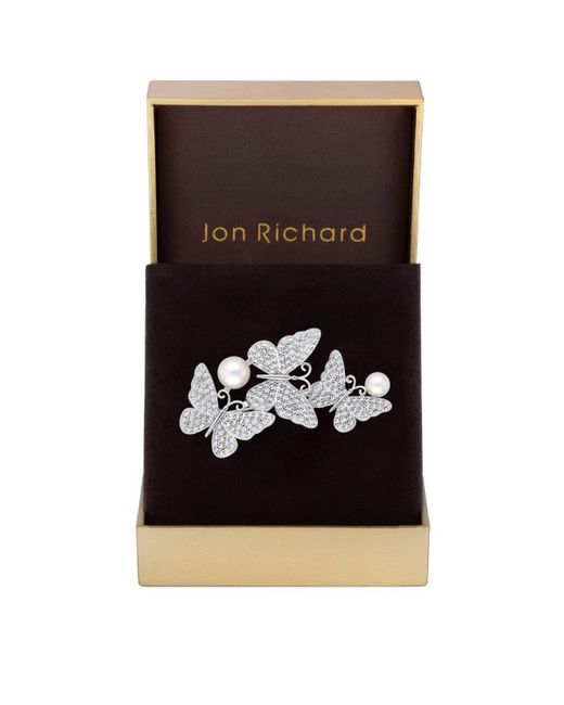 Jon Richard Black Rhodium Plated Crystal Pave Triple Butterfly And Pearl Brooch - Gift Boxed