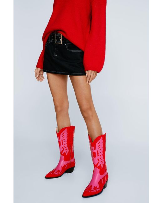 Nasty Gal Red Faux Leather & Suede Contrast Western Boots
