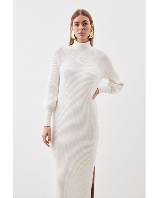 Karen Millen White Viscose Blend Funnel Neck Cable Knit Maxi Dress