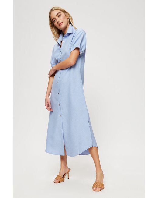 Dorothy Perkins Blue Long Line Linen Look Midi Shirt Dress