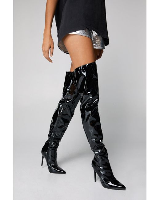 Nasty Gal Black Patent Pointed Toe Thigh High Boots