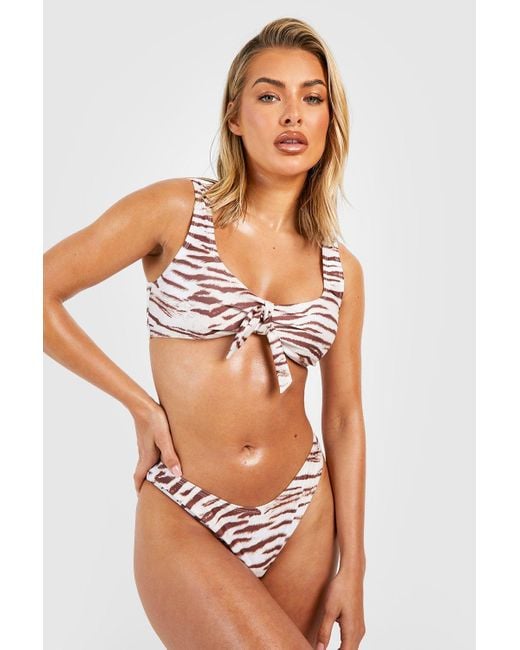Boohoo Natural Tiger Tie Plunge Bikini Top