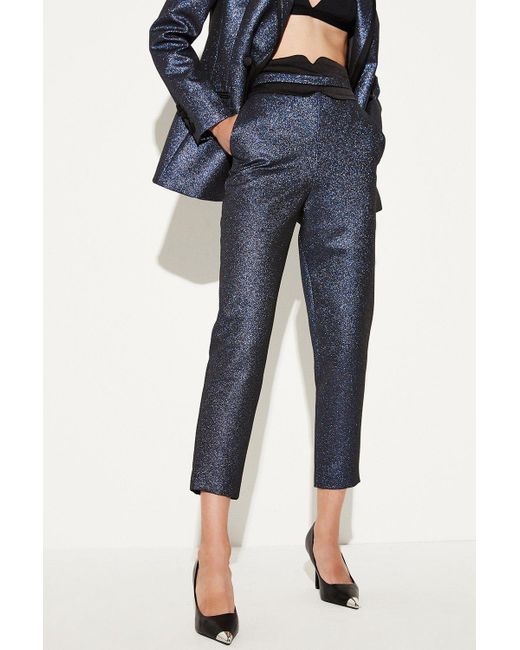 Karen Millen Blue Metallic Jacquard Waistband Detail Slim Leg Trouser