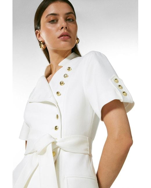 Karen Millen White Multi Button Tie Waist Short Sleeve Dress