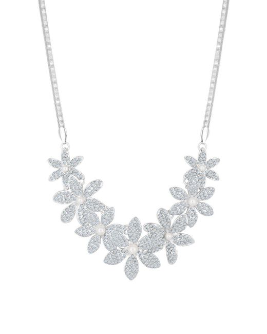 Mood White Silver Crystal And Pearl Flower Statement Necklace