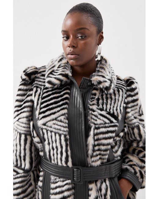Karen Millen Multicolor Plus Size Faux Fur Pu Panelled Stripe Belted Coat