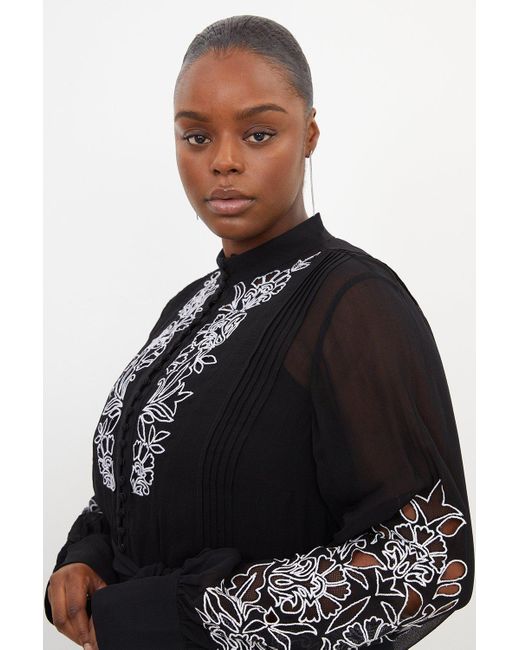 Karen Millen Black Plus Size Embroidery Bib Detail Woven Maxi Dress
