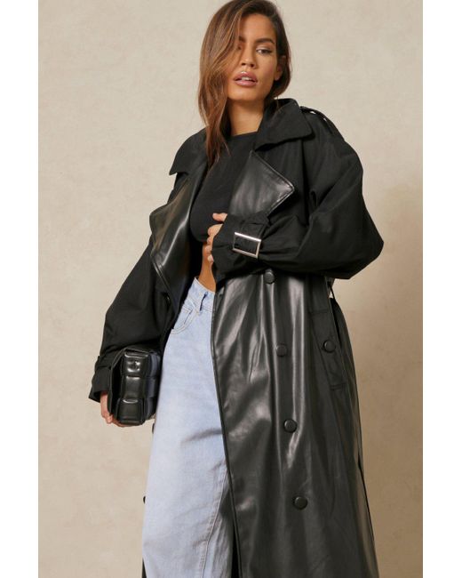 MissPap Black Faux Leather Contrast Fabric Trench Coat