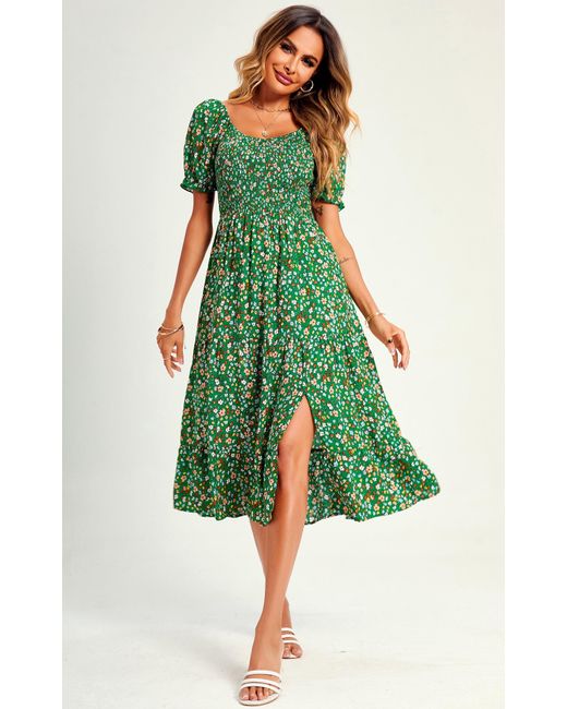 FS Collection Bardot Puff Sleeve Elasticated Detail Spilet Midi Dress In Green Flora Print
