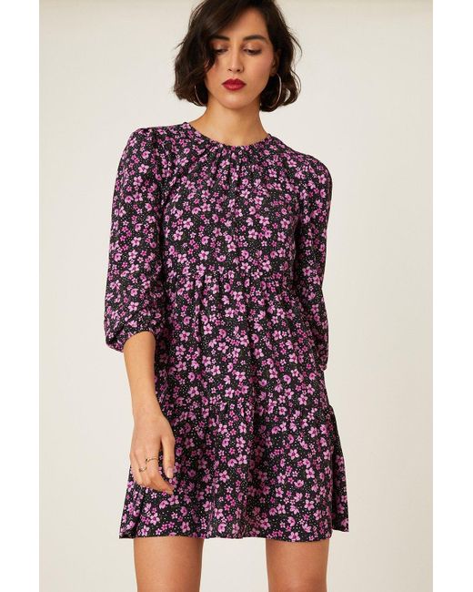 Dorothy Perkins Purple Sandy Floral Print Long Sleeve Smock Mini Dress