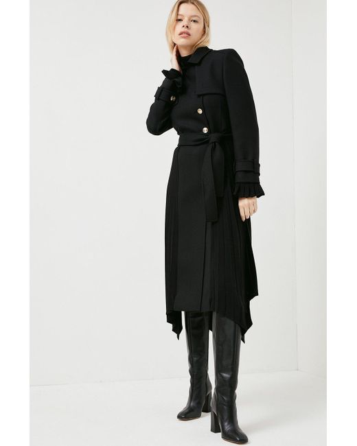 Karen Millen Black Wool Blend Pleated Contrast Trench Coat