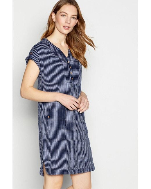 Mantaray Blue Dashed Stripe Notch Neck Tunic Dress