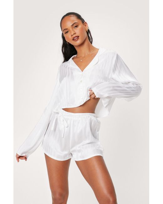 Nasty Gal White Stripe Jacquard Cropped Shirt And Shorts Pyjama Set