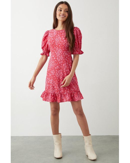 Dorothy Perkins Red Petite Pink Floral Print Ruffle Hem Mini Dress