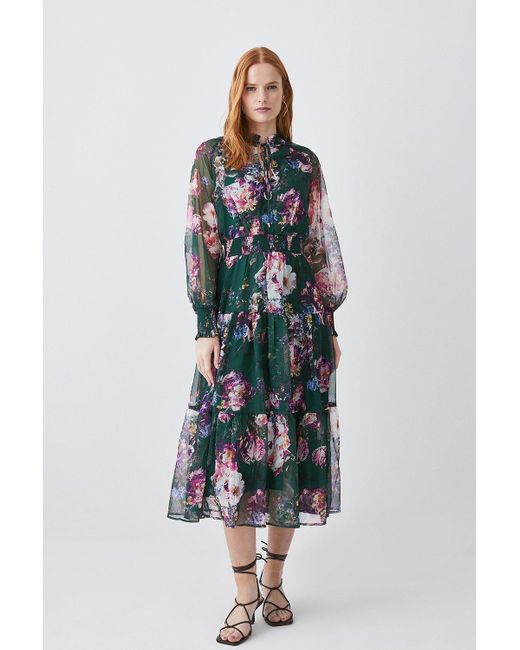 Karen Millen Multicolor Floral Shirred Detail Woven Maxi Dress
