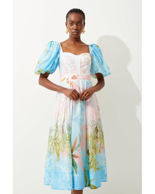 Karen Millen Blue Ombre Botanical Cotton Top Stitch Midi Dress