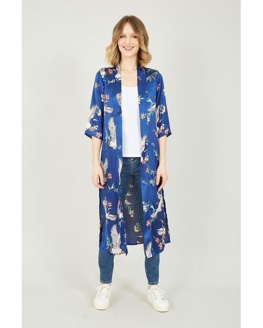 Yumi' Blue Navy Satin Crane Print Kimono