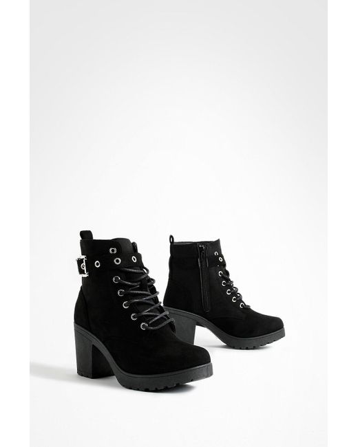 Boohoo Black Buckle Lace Up Chunky Hiker Boots